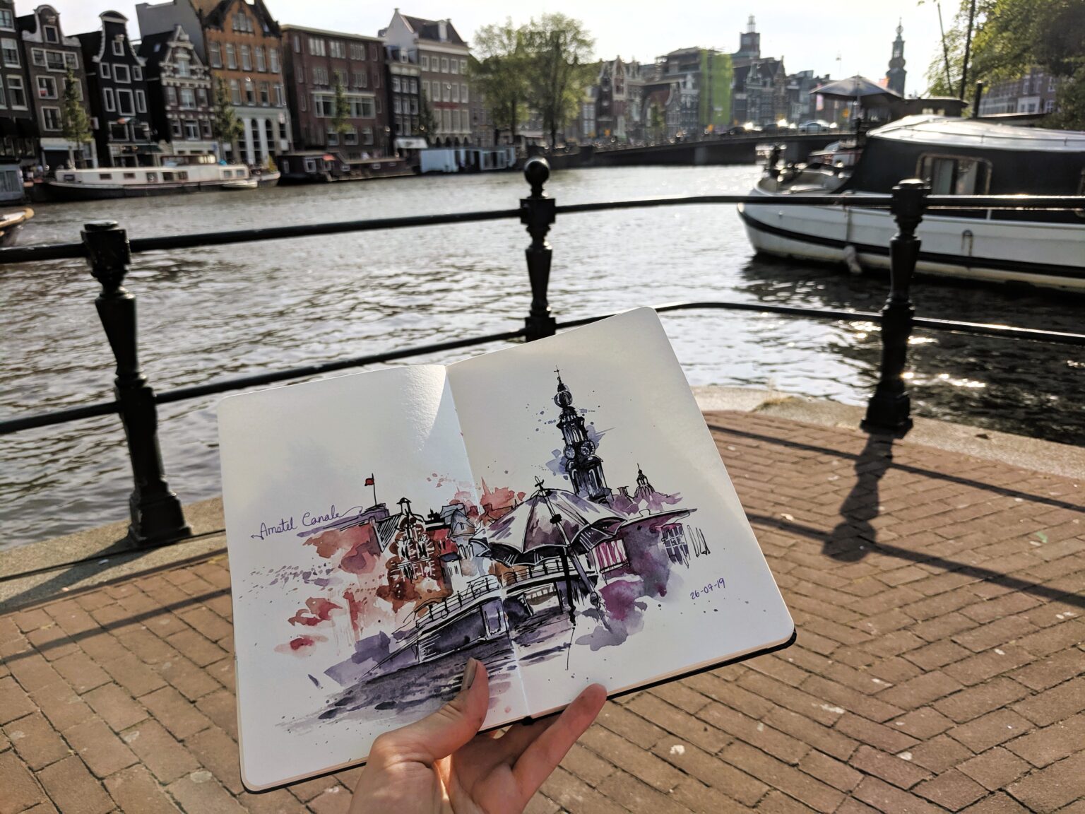 Mixed Media Art by Emi. Artwork representing Amstel Canal in Amsterdam in 2019. 