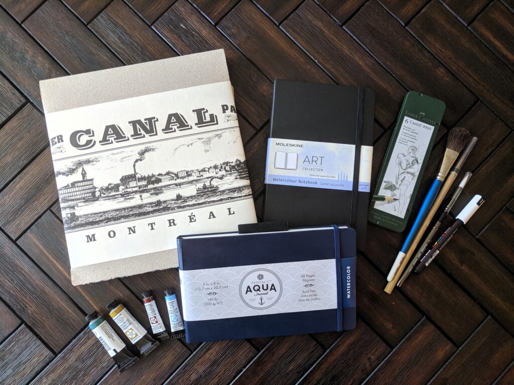 Artist Toolkit Examples by Emi. Photo of a variety of sketchbooks and art supplies.