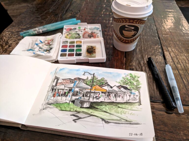 Artist Toolkit Examples by Emi. Photo of an urban sketch in a cafe.